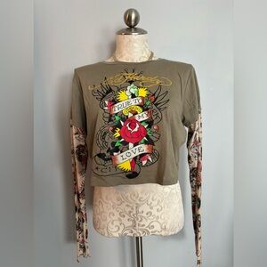 🆕 Ed Hardy Crop Top Tatoo Sleeves Size XL.   #R
